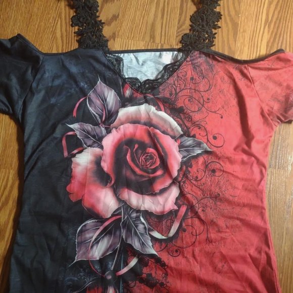 Women's Casual Rose Printed Tops V Neck Off Shoulder short Sleeve T-Shirt Blouse - Picture 3 of 6